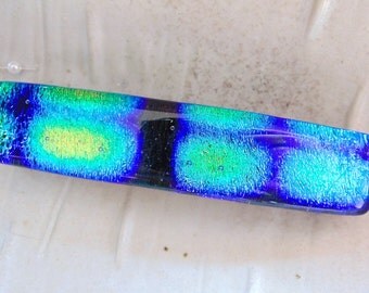 Blue Barrette, Gold, Green, Medium Dichroic Glass Barrette, French Made Barrette Clip