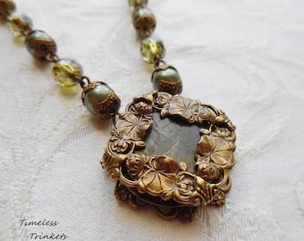 Water Lilies, Antique Mother of Pearl Button Necklace- Sage Green