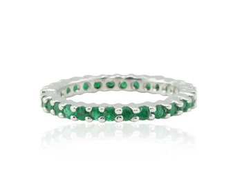 Emerald Ring - Eternity Wedding Band with Prong set Emeralds in 14k White Gold - May Birthstone Ring - LS1178
