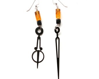Art Deco Steampunk Clock Hand Earrings - Black and Amber Glass Earrings