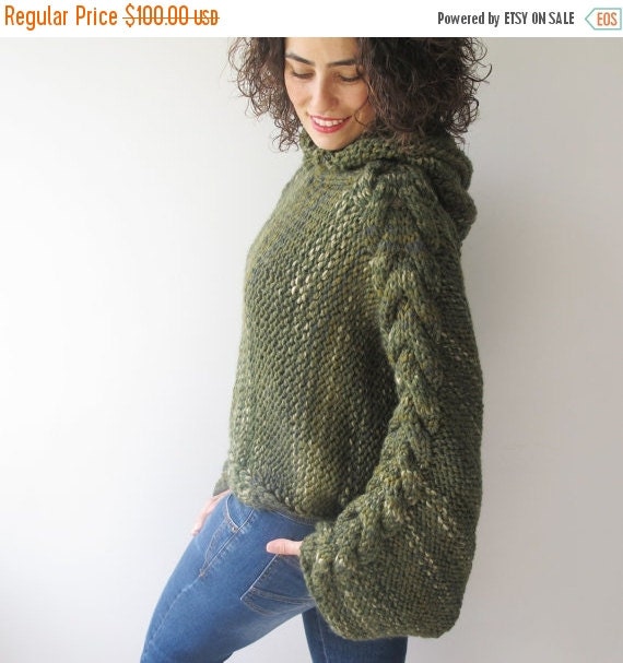 Winter Sale Plus Size Chunky Tweed Green Knitting Sweater By Afra