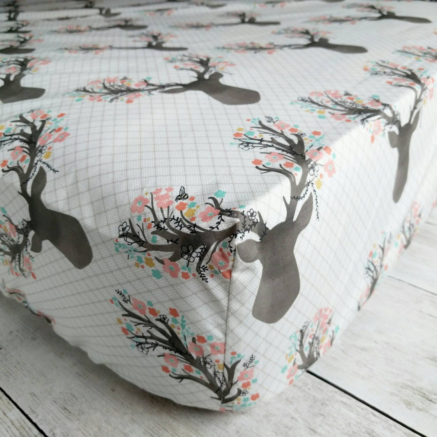 Stag with Flowers Fitted Crib Sheet Woodland Deer Crib Sheet