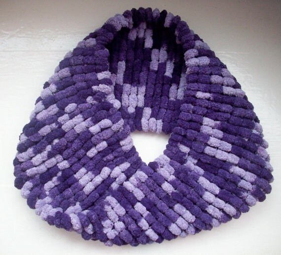 SALE Vegan neck warmer, hand knitted, infinity collar, wool free, cosy, soft pompom yarn, purple