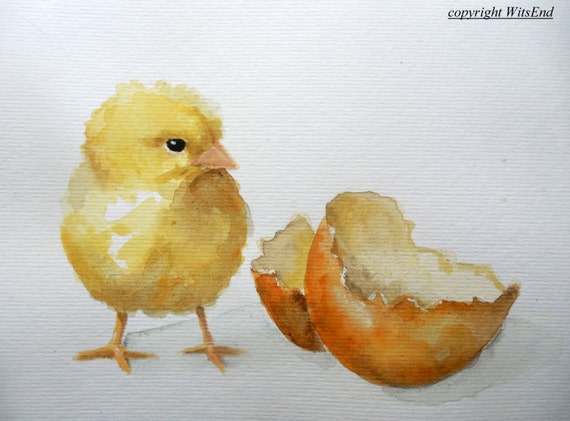 Baby Chick painting original watercolor chicken egg nursery Farm animal art Treasury Item