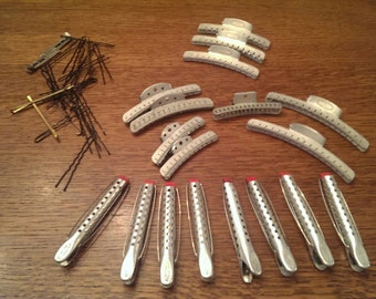 Vintage Aluminum Hair Curlers and Clips plus Hairpins