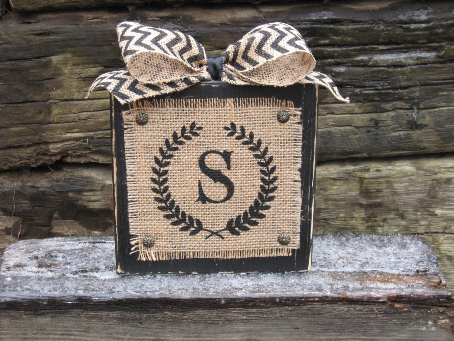 Burlap and Wood Sign Personalized Initial by delightfuldaisy