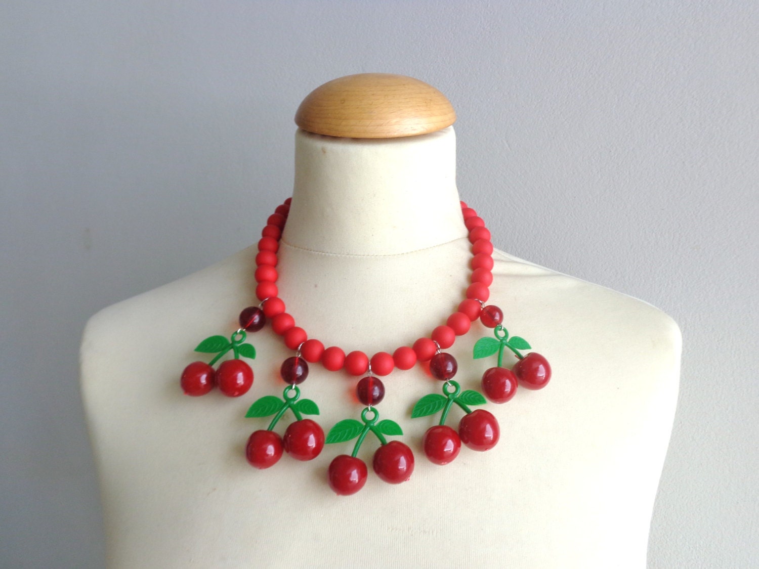 Red cherries statement necklace bib necklace large necklace
