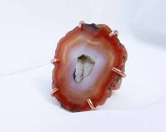 Brown Agate Ring, Druzy ring, Natural stone agate slice ring, Druzy agate, copper ring, copper agate ring, copper druzy ring, druse, drusy