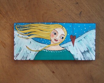 Angel Painting Original Folk Art Painting Valentine Heart FREE SHIPPING