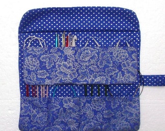 Circular Needle Case, Blue Silver Crochet Hook Storage Organizer, Polka Dot Double Pointed Needle Holder, Makeup and Artist Brushes Roll