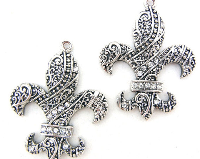 Pair Fleur de Lis Charms Antique Silver-tone Rhinestone Accent