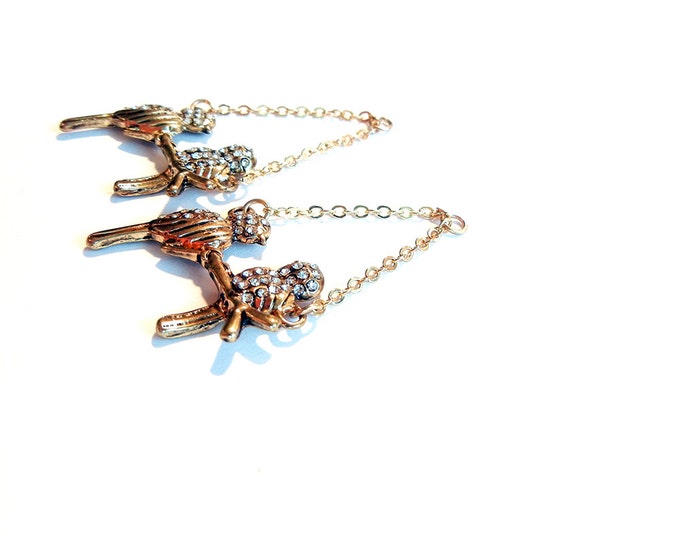 Pair of Gold-tone Birds on a Branch Drop Charms Rhinestone