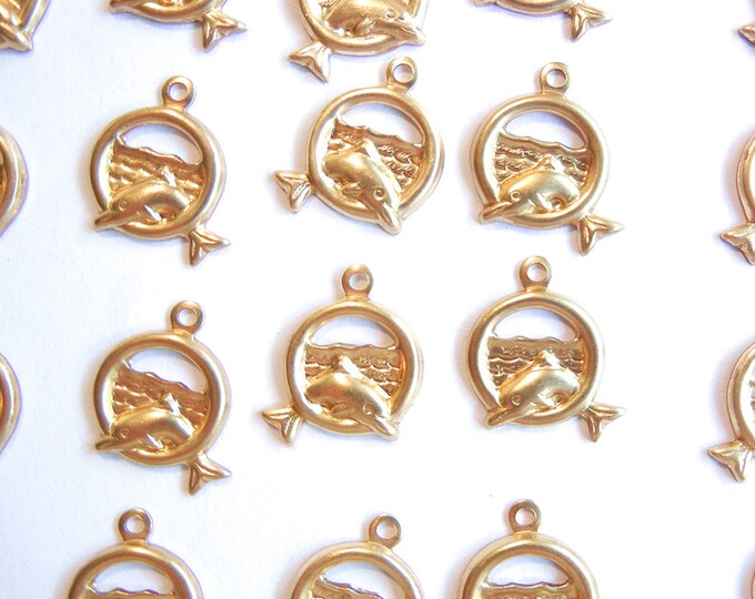 12 Pairs of Small Brass Dolphins Jumping Rings Charms