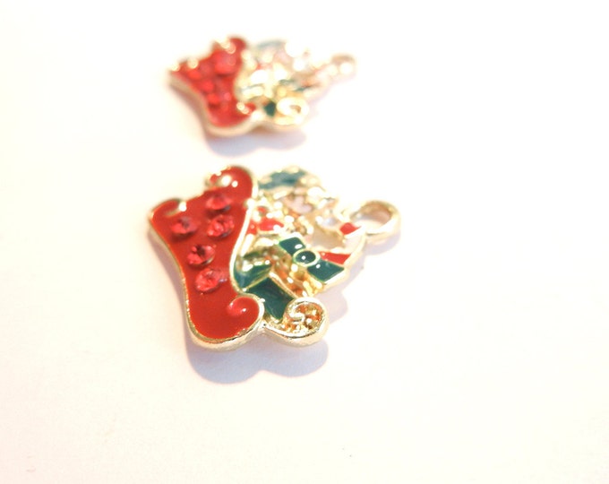 Set of 2 Christmas Santa's Sleigh Charms Rhinestones Green Red Epoxy