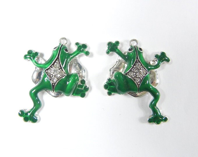 Pair of Green Frog Charms Rhinestones