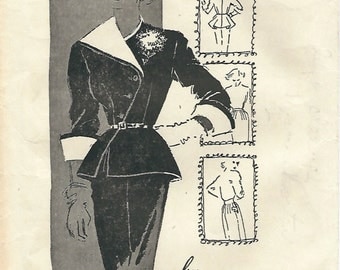 1950s American Designer 1047 Vintage Sewing Pattern Misses Suit, Asymmetrical Peplum Jacket, Pencil Skirt Size 12 Bust 30