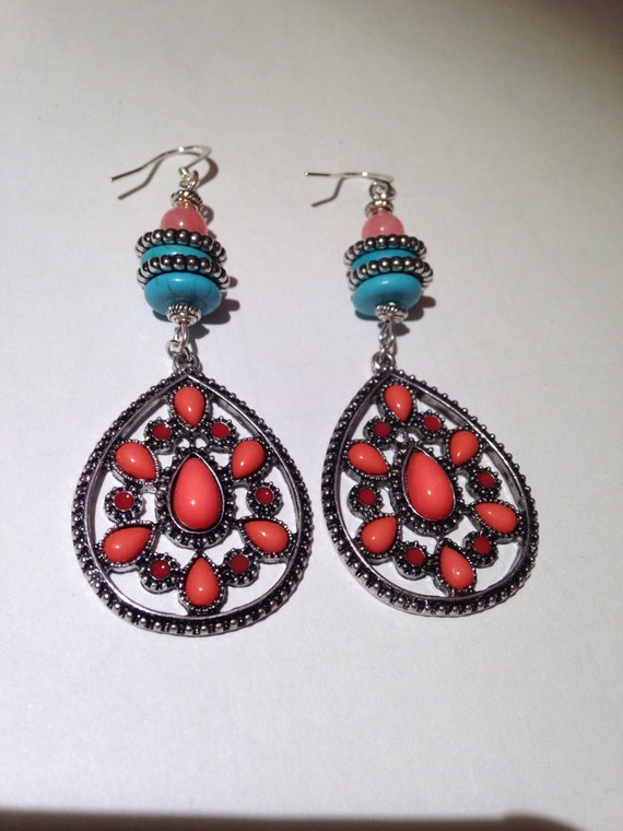 Turquoise and Coral Earrings Turquoise Coral Drop Earrings