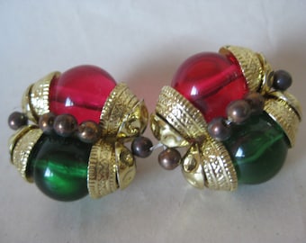 Green Pink Gold Earrings Clip Vintage Glass