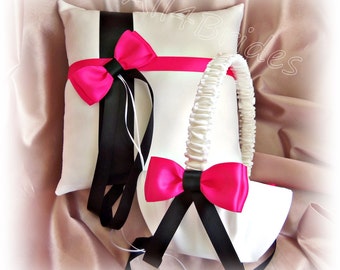 Hot Pink and Black Wedding Pillow Flower Girl Basket - Hot Pink Black Ring Bearer Pillow and Basket Set