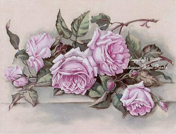 Items similar to Victorian Pink Cabbage Roses, Art Print, Shabby Chic ...