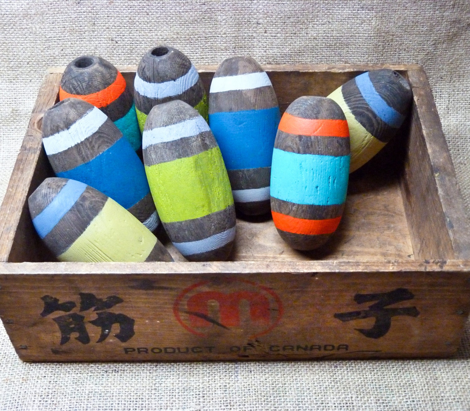 Painted Nautical Wood Floats Fishing Corks Stripes Striped