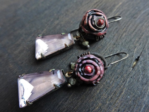 Blushing Apex. Mixed media assemblage earrings with primitive polymer clay art beads in pink.