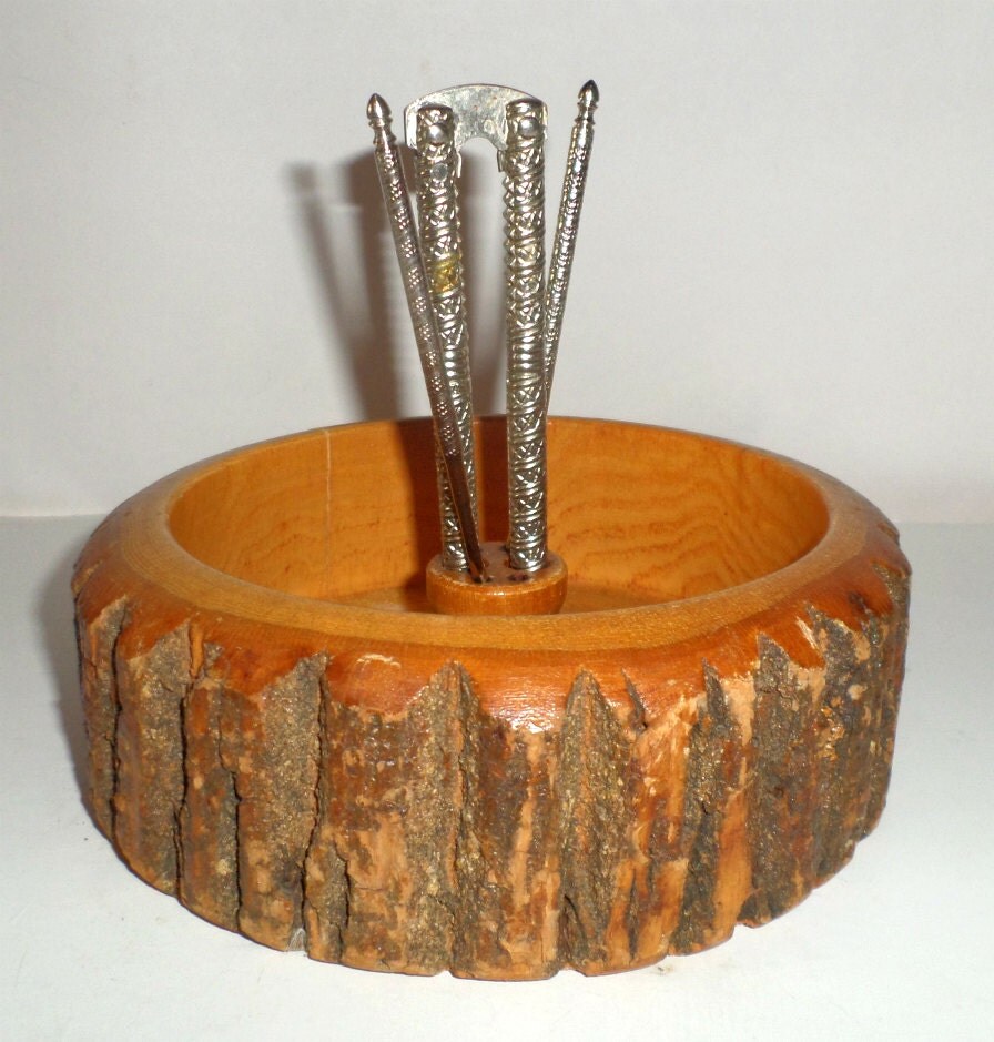 Vintage Wood Nut Bowl Nut Bowl with Nut Cracker Wood Nut