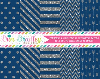 Silver Glitter Digital Paper Pack with Blue Commercial Use Digital Scrapbook Papers Polka Dots Stripes Chevron and Arrows