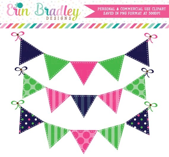Preppy Bunting Clipart Commercial Use Blue Green and Pink Banner Flags Clip Art Graphics Il_570xn