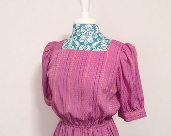 Vintage 1980's dress // striped purple pink aqua // 1980's puff sleeve