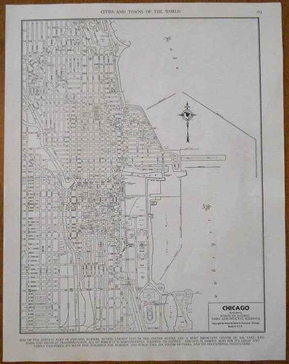 Vintage Chicago street map 1940s city map from an old antique