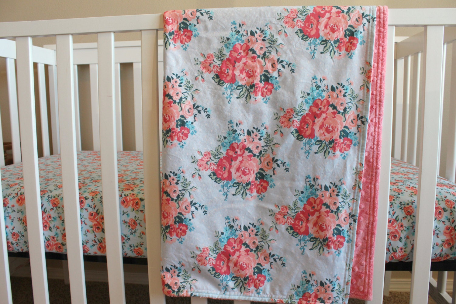 Floral Crib Sheet and Blanket Baby Girl Bedding Pink Coral