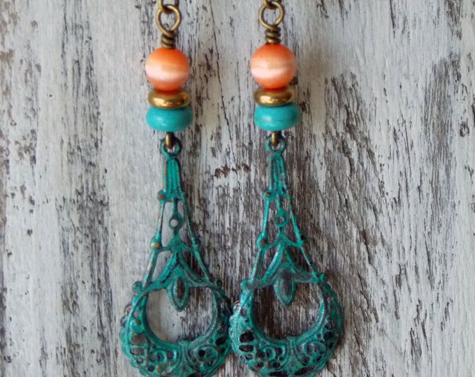 Orange and Turquoise Brass Filigree Drop Earrings Victorian Earrings Brass Jewelry Filigree Earrings Patina Earrings Victorian Dangle