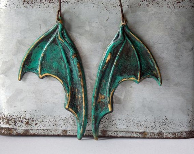 Bat Wing Earrings Dragon Wing Earrings Brass Halloween Distressed Wing Gothic Jewelry Goth Earrings Batman Vampire Spooky All Hallows Eve