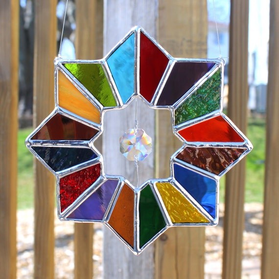 Geometric Multicolored Stained Glass Suncatcher With Glass