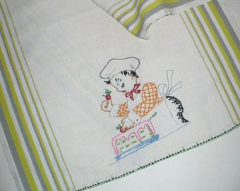 Tea towel, Baker, Embroidery, Vintage, Linen, Cake baker, Cook, Embroidered towel, Kitchen