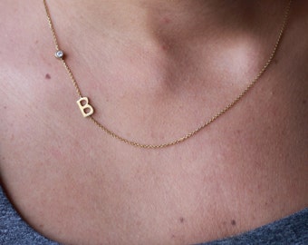 Birthstone Initial Necklace , Sideways Initial Necklace , Personalized Silver Necklace , Personalized Gift