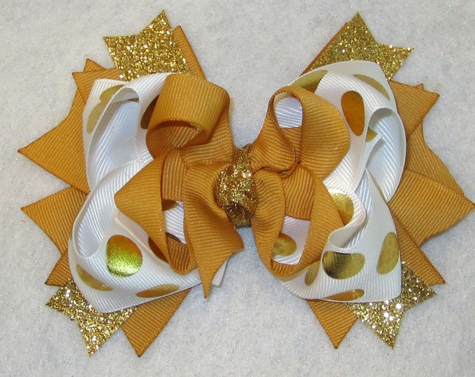 Gold Hair Bow, Gold Hairbow, Boutique Hair Bow, Gold Glitter Bow, Gold Foiled Bow, White and Gold Bow, Girls Hair Bows, Boutique Hairbows