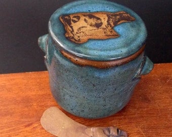 Large Stoneware French Butter Crock With Clay Knife ~ Cow Design ~ holds 2 sticks ~