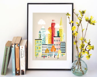 New York City Print Skyline, Wall Art Prints Paper Poster, Cityscape Illustration, Decor Home, Office and Nursery Art, Gift, SPPNYM1
