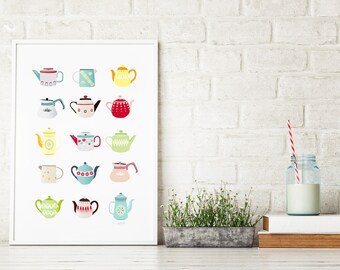 Teapots Art Print, Kitchen Wall Art, Kitchen Teapots, Teapot illustration, children's, vintage retro, kitchen art, Gift for, Style: SPPTP1