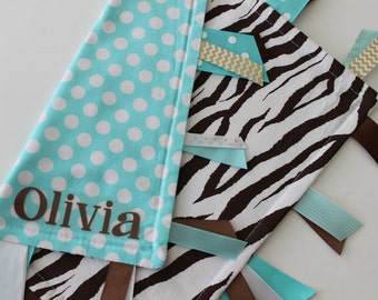 Free Shipping! READY TO SHIP, taggie, blanket, personalized, baby, girl, gift, turquoise, brown, zebra, minky, ribbon, tag