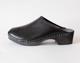 Vintage Black Leather & Wood Swedish Clogs, size 40