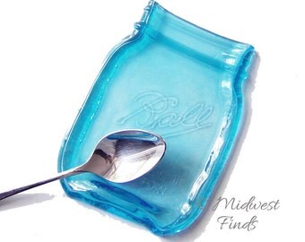 Mason Jar Spoon Rest, blue pint melted mason jar soap dish, ring dish, tea bag holder, gift box included
