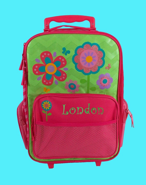 Personalized Stephen Joseph Rolling Luggage FLOWERS Themed for Children in Pink and Lime Green and Just a Touch of Sparkle