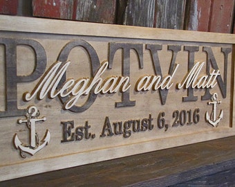 Personalized Wedding Gift Personalized Family Name Signs Anchors Sea CARVED Custom Wooden Sign Last name Anniversary Plaque Lovejoystore