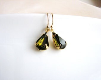 Vintage Glass Jewel Earrings, Estate Style Cut Glass Gem Earrings, Tear Drop Gold Filled, Olive Green Minimalist Modern Bridal Jewelry