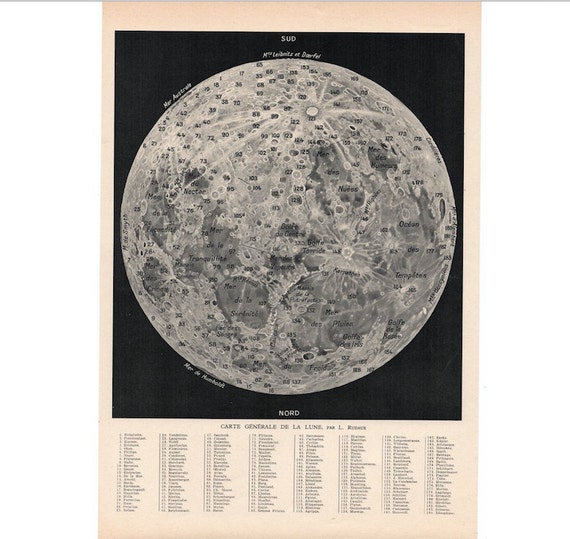 1930 FULL MOON LITHOGRAPH original vintage print astronomy