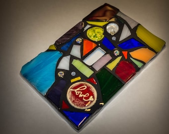 Mosaic Light Switch Plate Cover in RAINBOW color Mix - STAINED GLASS - Mixed Media - single, double, triple, outlet, or decora gfci - Unique
