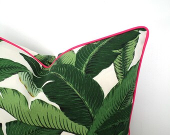 Green palm pillow cover indoor outdoor fabric, tropical outdoor pillow island theme, outdoor cushion banana leaf print Hollywood Regency